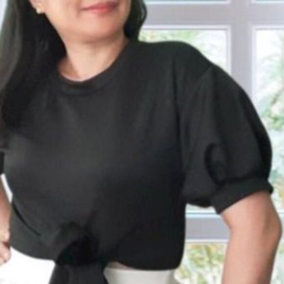 Jasmine Black Puff Sleeve Crop Top with Front Knot Sz Medium - Picture 7 of 10